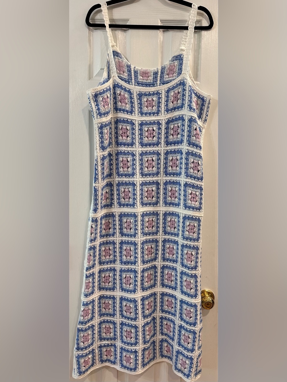 India Boutique lightweight crochet granny square dress cover up blue purple OS